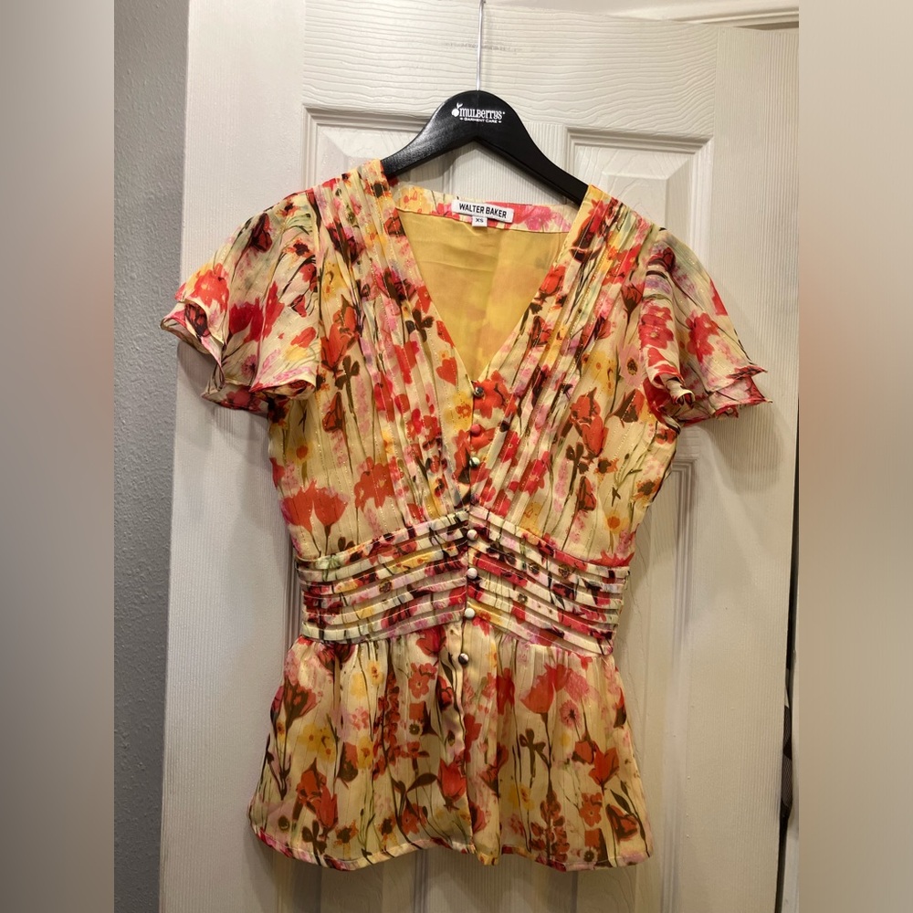 Walter Baker Flouncy Floral Yellow Blouse XS